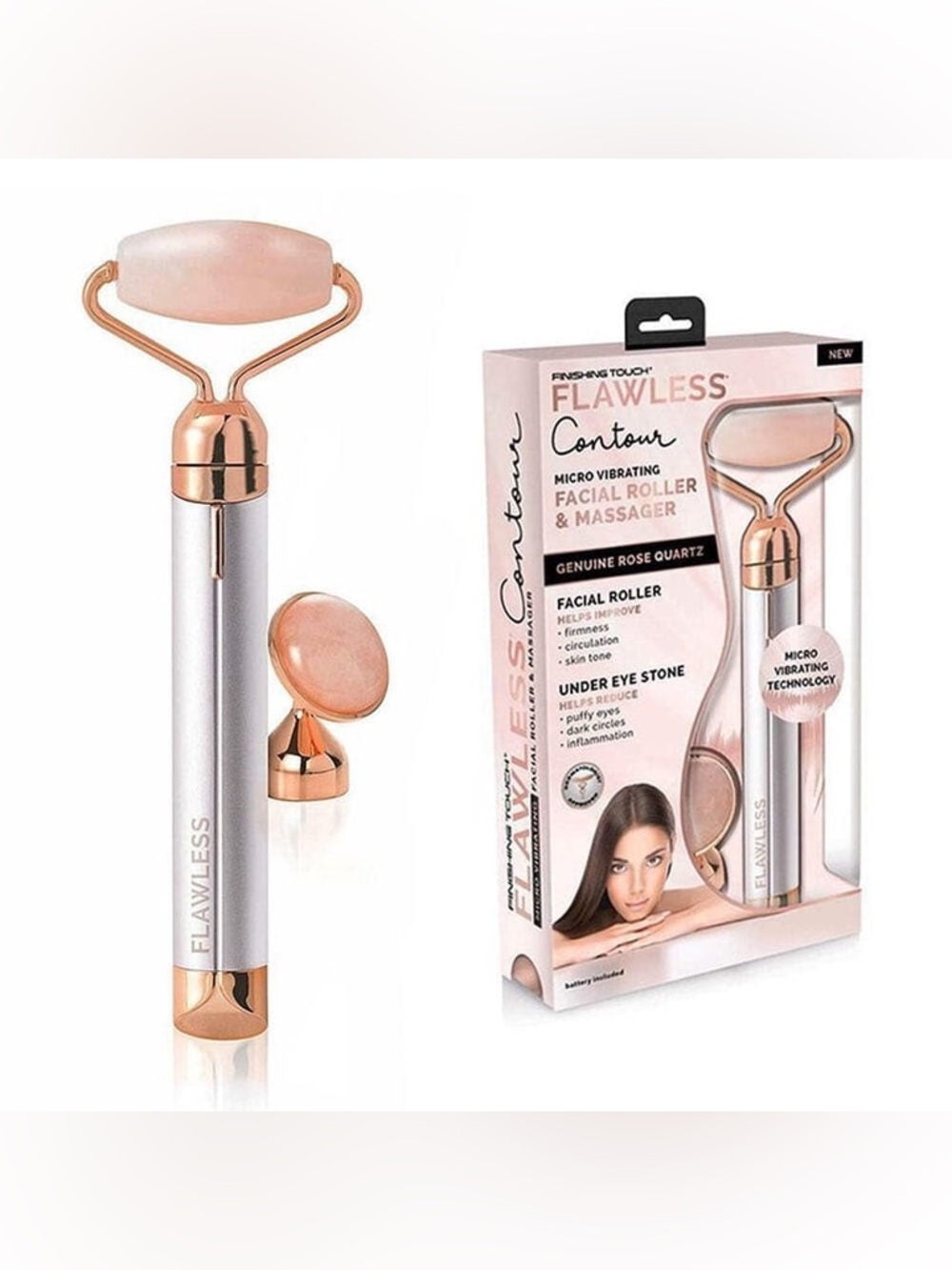 Finishing Touch Flawless Contour Vibrating Facial Roller & Massager Rose Quartz